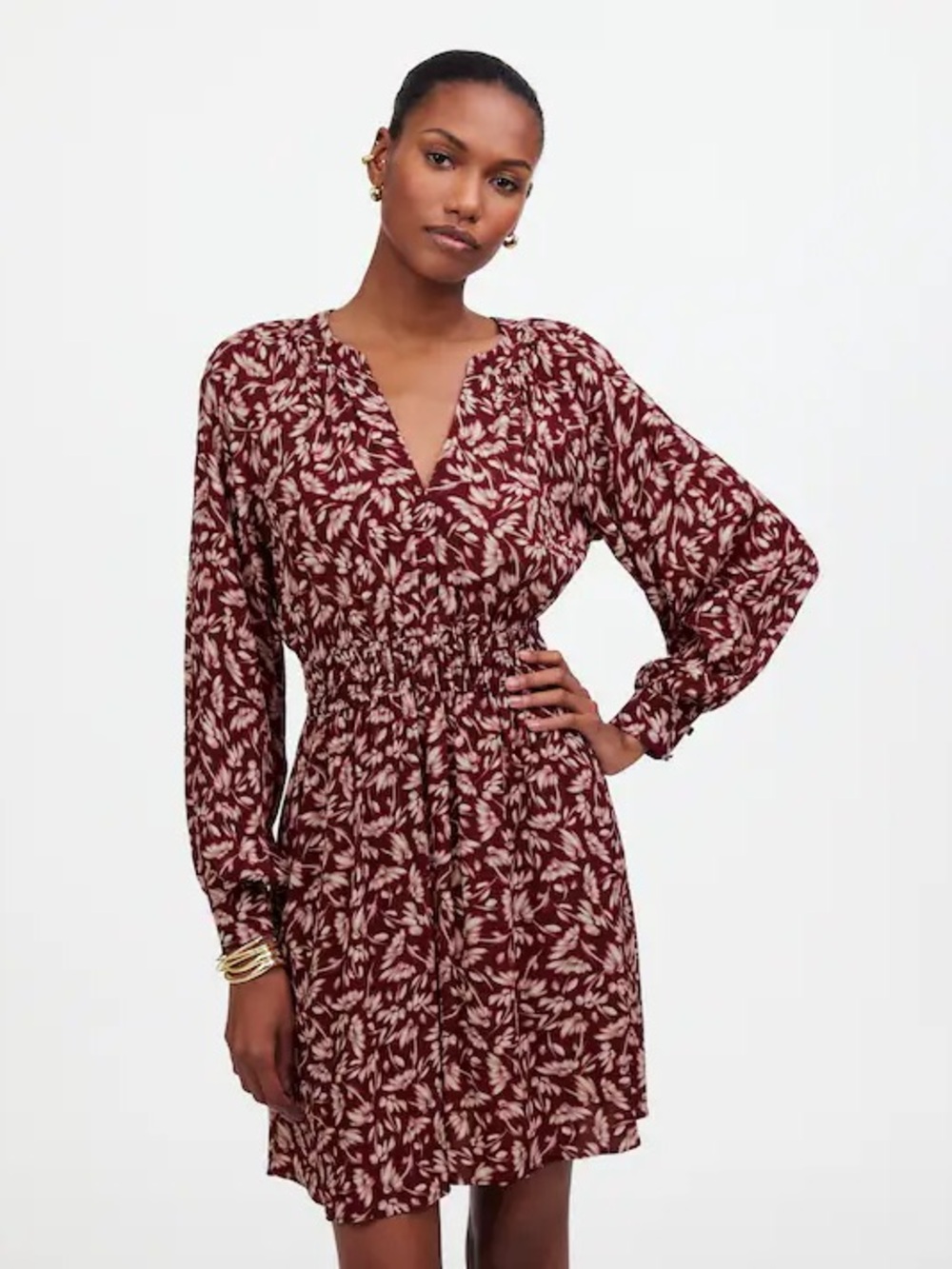 NWT Madewell Smocked Y-Neck Mini Dress in Floral Size Large